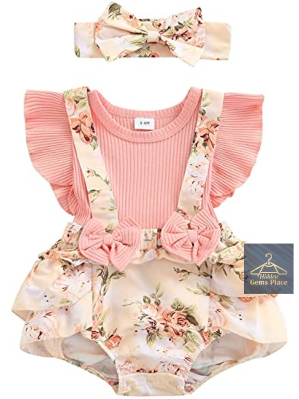 Baby Girl Floral Romper Dress with Ruffle Sleeves and Headband Cotton
